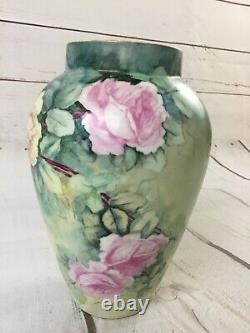 Antique Limoges D&c France Vase Peint À La Main Grande 11 Roses Roses Vertes