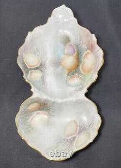 Antique Limoges Divided Oyster Seafood Dish Sea Shells Peint À La Main Signé 1912