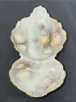 Antique Limoges Divided Oyster Seafood Dish Sea Shells Peint À La Main Signé 1912
