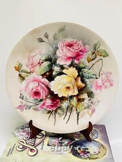 Antique Limoges France 1900s, Assiette à roses peinte à la main, signée par l'artiste, 12 1/2
