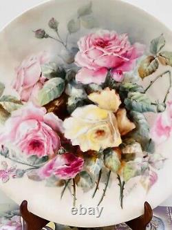 Antique Limoges France 1900s, Assiette à roses peinte à la main, signée par l'artiste, 12 1/2