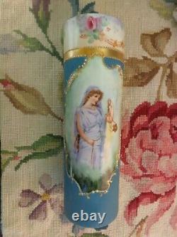 Antique Limoges France Peinte À La Main Lady Roses Vase Cylindre En Porcelaine Perlée