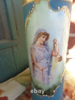 Antique Limoges France Peinte À La Main Lady Roses Vase Cylindre En Porcelaine Perlée
