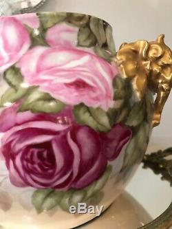 Antique Limoges Jardinière Vase Peint À La Main Rose Jpl Jean Pouyat Poignée Elephant
