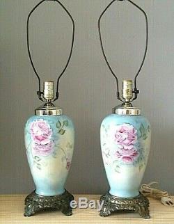 Antique Limoges Lampe De Table Paire Signé Painted Signé Main Bleue W Rose Roses Bin