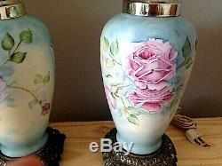 Antique Limoges Lampe De Table Paire Signé Painted Signé Main Bleue W Rose Roses Bin
