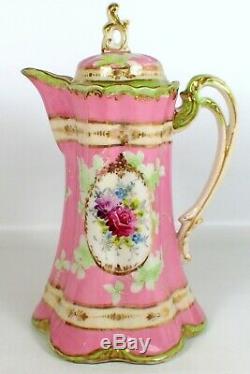 Antique Limoges Magnifiques Peint À La Main Chocolat Rose Vert & Or Pot Avec 5 Coupes