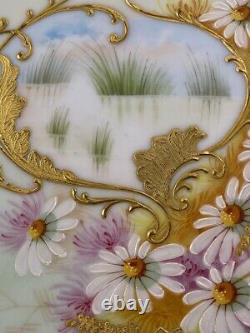 Antique Limoges Plate / Chargeur Peint À La Main Fleurs Marguerites D'or Émail V. F
