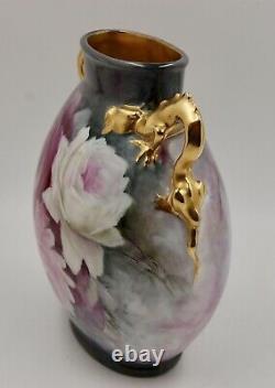 Antique Limoges Roses Peint À La Main Vase Dragon