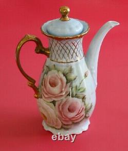 Antique Limoges Théière Peinte À La Main En Porcelaine & Sugar Bowl Roses Gold! Signé