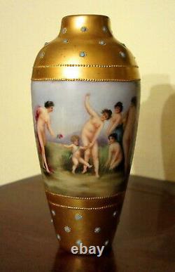 Antique Limoges Vase Peint À La Main Nu De Bain De Beautés Or Et Bijoux