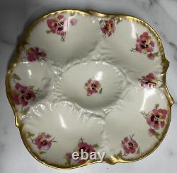 Antique M. Redon Limoges France Porcelaine Peinte À La Main Plaque D'huître Pansies Or
