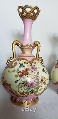 Antique Paire De Vases Limoges Decores Oiseaux Fleurs