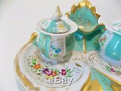 Antique Paris Style De Porcelaine Turquoise Double Encrier Fleurs Peint À La Main