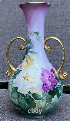Antique Peint À La Main Limoges Styl Vase Roses Or Main Vtg Alzora Signé 90s 14