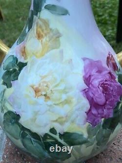 Antique Peint À La Main Limoges Styl Vase Roses Or Main Vtg Alzora Signé 90s 14