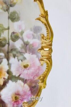Antique Peint À La Main Signé Limoges France Floral Motif Gold Rimmed Grande Charge