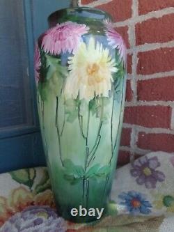 Antique Pl Limoges France Peint À La Main Mamans Florales Porcelaine Grand Vase