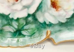 Antique Porcelaine De Limoges Dresser Vanity Plateau Peint À La Main Fleurs Incrustées Gol