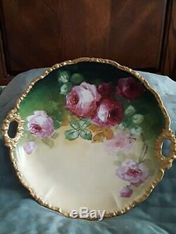 Antique Porcelaine De Limoges Peinte À La Main Florale Platter Rose Roses Bordure Dorée