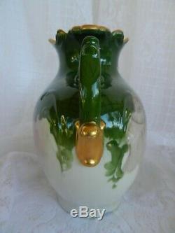 Antique Porcelaine Limoges Handled Vase Peint À La Main Hugh Roses Pouyat
