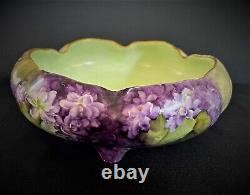 Antique Samuel Sherratt Peint À La Main Footed Bowl Purple Flower Design 1879-1903