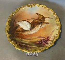 Antique Victorian Limoge Porcelaine Peint À La Main 12 Chargeur Plaque Avec Des Oiseaux