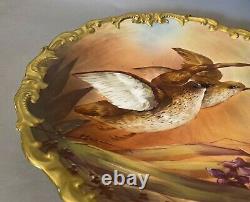 Antique Victorian Limoge Porcelaine Peint À La Main 12 Chargeur Plaque Avec Des Oiseaux