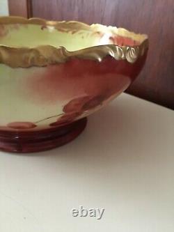 Antique Vintage Grand 10 Limoges Servant Punch Bowl Cherry Gold Hand Peint