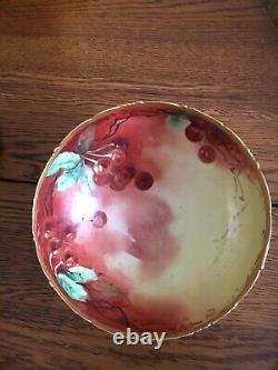 Antique Vintage Grand 10 Limoges Servant Punch Bowl Cherry Gold Hand Peint