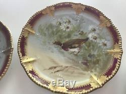 Antique Vintage Limoges Platter, 8 Assiettes, Oiseaux Peints À La Main Au Début Des Années 1900