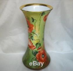 Antiquité D & C Delinieres Porcelaine De Limoges De Chine 11,25 Vase Peint À La Main Coquelicots