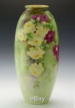 Antiquités Cac Belleek 18,5 Roses Vase Peint À La Main