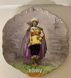 Assiette Cavalier peinte à la main avec couronne antique Limoges de 10 pouces, signée par l'artiste