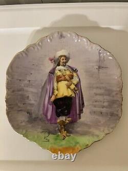 Assiette Cavalier peinte à la main avec couronne antique Limoges de 10 pouces, signée par l'artiste