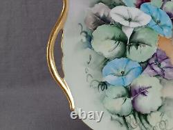 Assiette à gâteau T&V Limoges peinte à la main avec des glaïeuls roses, bleus, violets et dorés