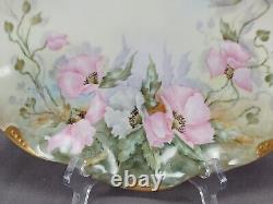 Assiette à gâteau à volants en or peinte à la main avec des coquelicots roses et blancs de Limoges anciens