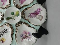 Assiette antique Haviland & Co Limoges avec 6 compartiments peints à la main représentant la vie marine - 9 Oysters