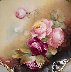 Assiette antique de Limoges peinte à la main, roses signées par l'artiste Pickard Leroy Ak France
