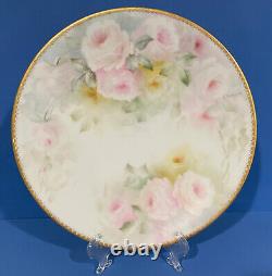 Assiette chargeur antique Limoges peinte à la main roses dorées signée par l'artiste France 1891