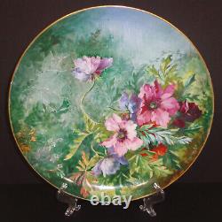 Assiette chargeur en porcelaine Haviland Limoges antique, peinte à la main avec motif floral, France 1892.