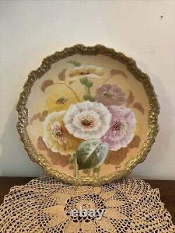 Assiette de 10 pouces Antique CORONET LIMOGES peinte à la main, signée Dupont, à motif floral et bordure dorée.