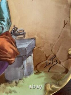 Assiette de cavalier peinte à la main, avec couronne antique Limoges, artiste Le Pic signé.
