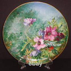 Assiette de charge en porcelaine Haviland Limoges antique peinte à la main, motif floral, France 1892