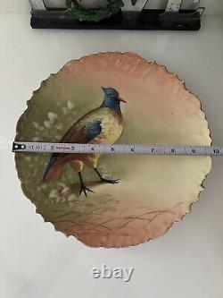 Assiette décorative Blakeman Limoges peinte à la main avec des oiseaux de chasse vers 1910