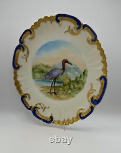 Assiette peinte à la main rare de Limoges avec héron bleu.