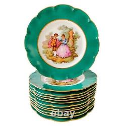 Assiettes de dîner en porcelaine de Limoges vintage avec scènes des Amoureux de Fragonard, ensemble de 12.