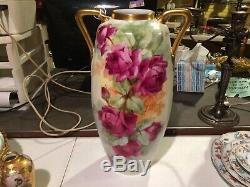 Autriche Limoges Peinte À La Main Porcelaine Grand Vase 16 Artistes Roses & Gold