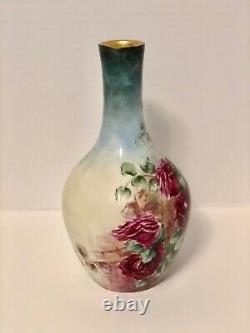 Beau T & V France Grand Vase Peint À La Main En Porcelaine Avec Des Roses