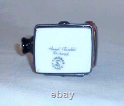 Boîte à bijoux miniature peinte à la main de Limoges France représentant un ancien appareil photo à soufflets de marque ROCHARD